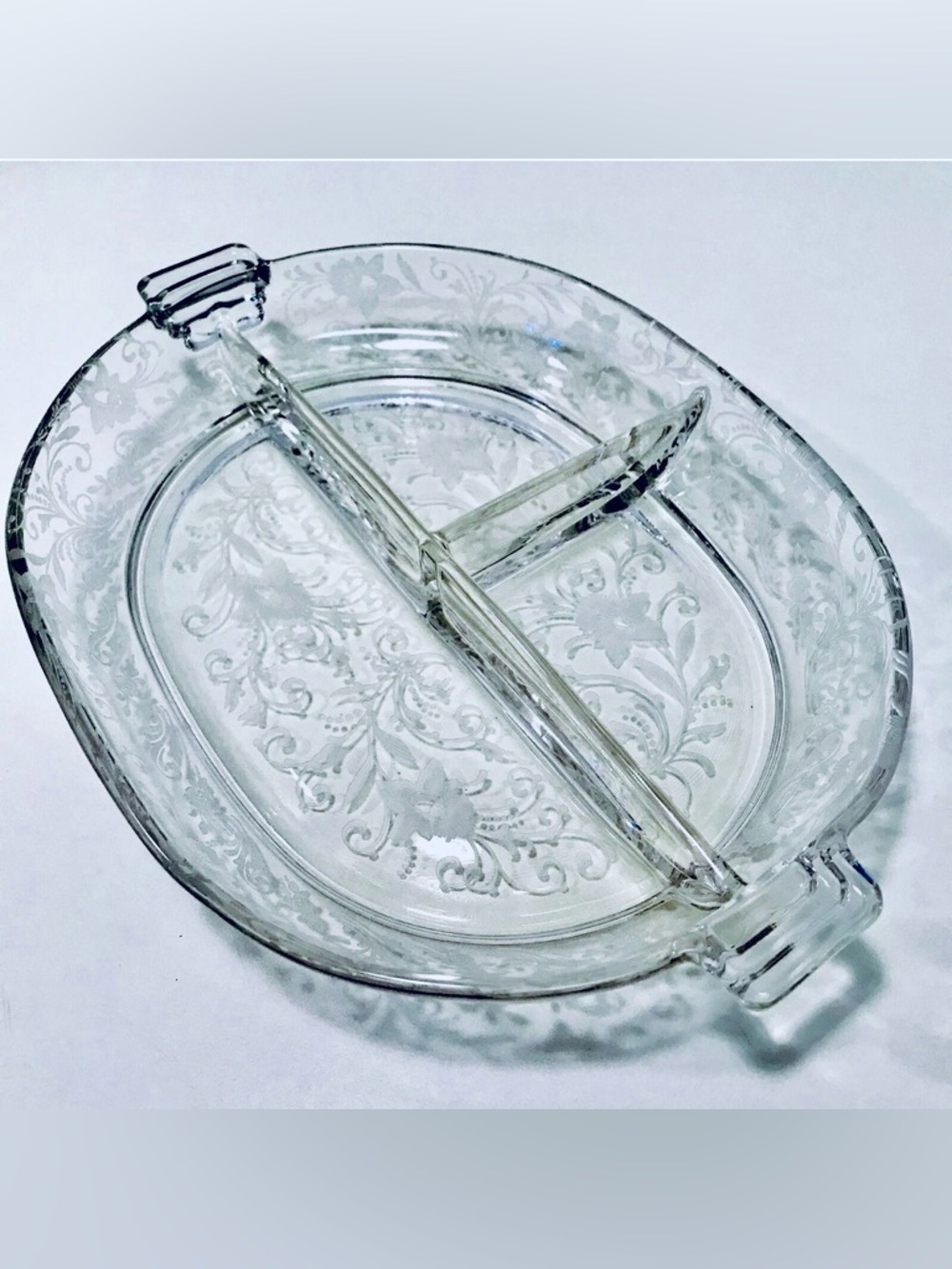 Cambridge Vintage 50’s Daffodil Etched Glass 3 Part Relish Dish Art Deco Handles